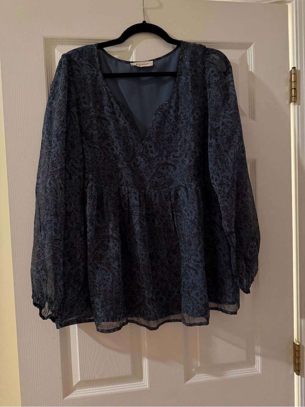 Lucky Brand Navy Printed V-Neck Peasant Blouse
